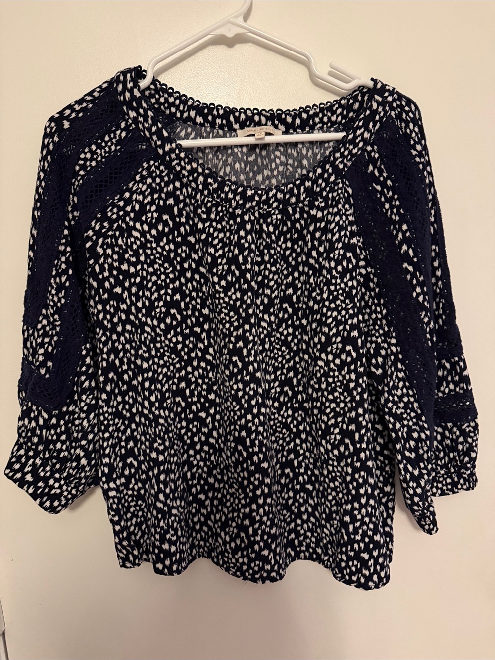Skies Are Blue Navy & White Speckled Peasant Blouse with Lace Insets